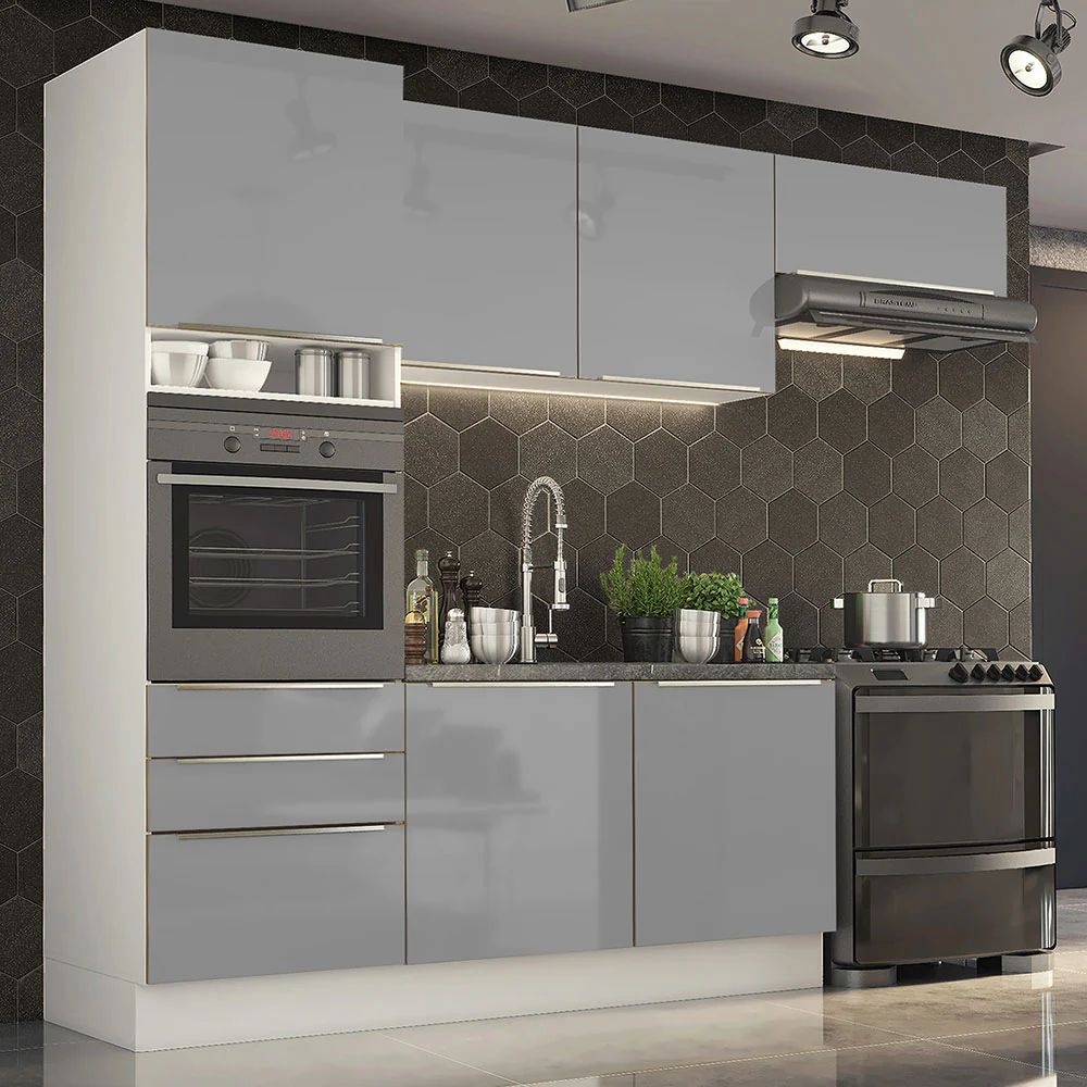 Armário de Cozinha Completa 260 x 60 cm Branco/Cinza Lux Madesa 03