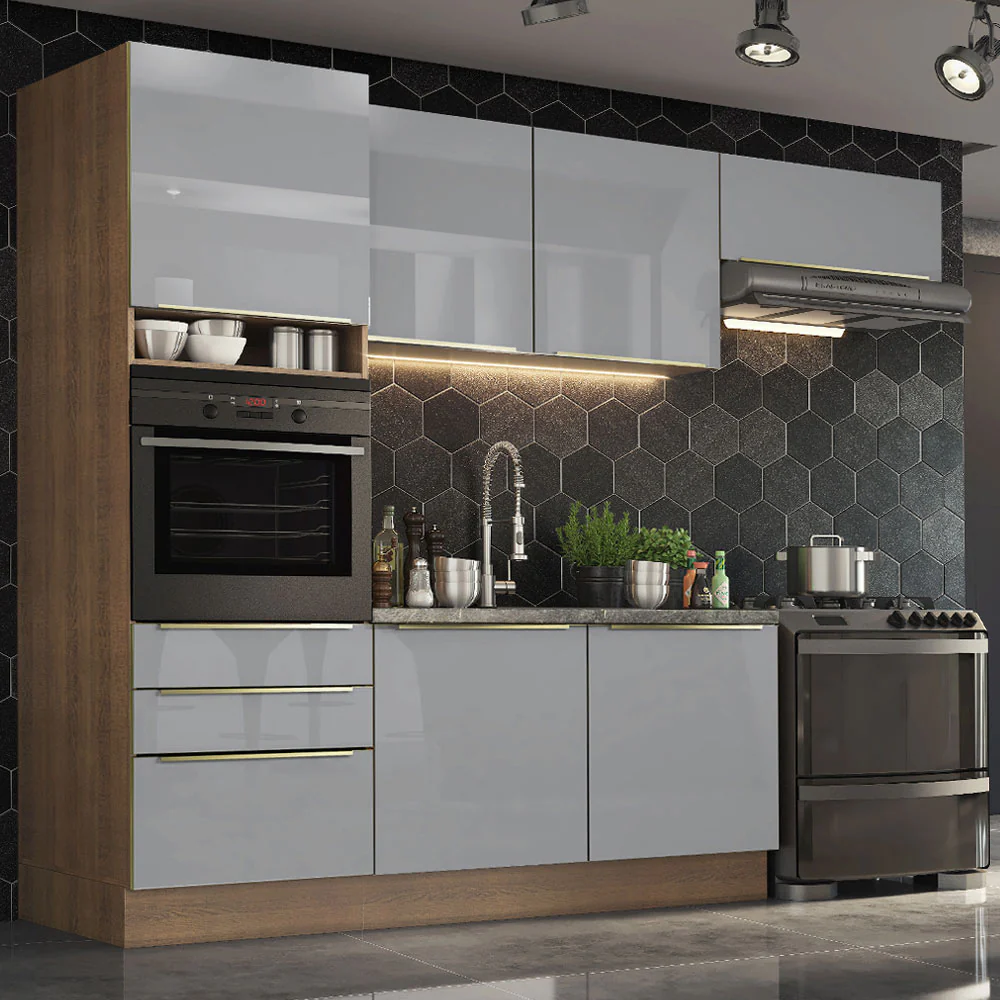 Armário de Cozinha Completa 260 x 60 cm Rustic/Cinza Lux Madesa 03