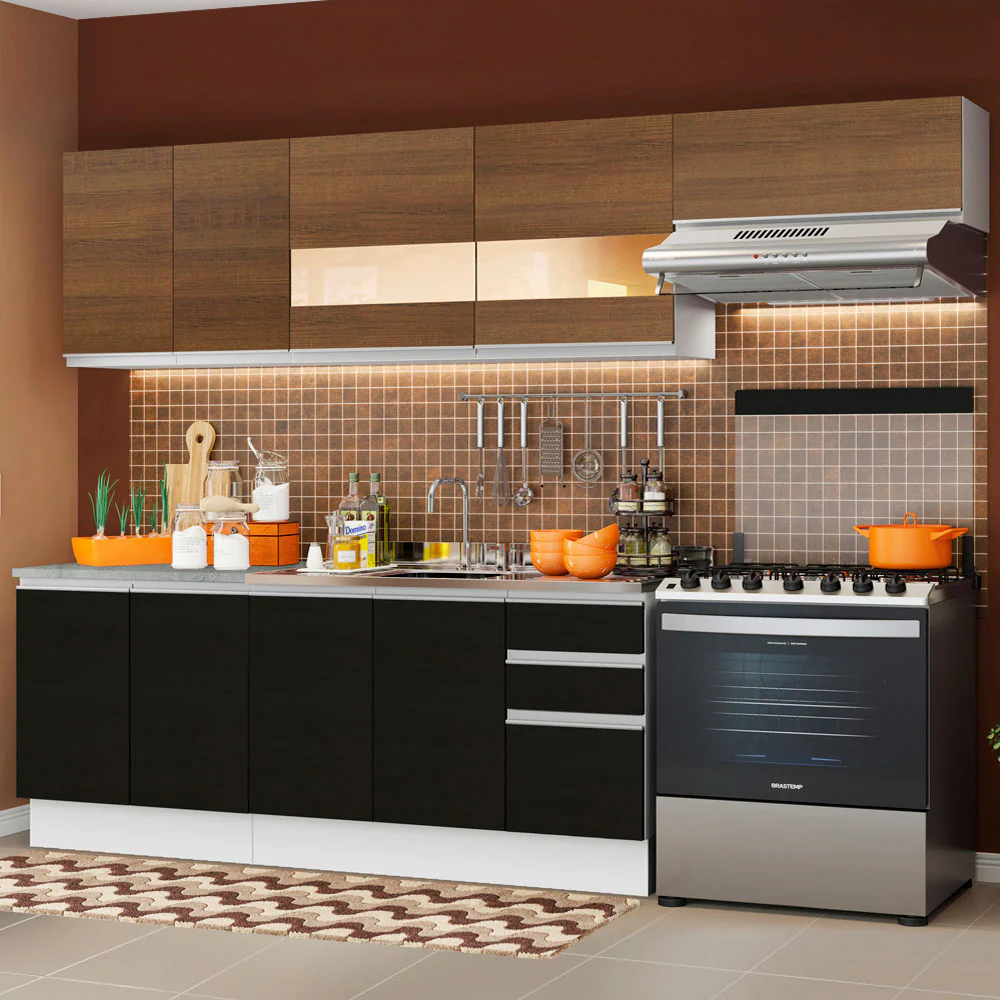 Armário de Cozinha Completa 280cm Branco/Preto/Rustic Marcela Madesa 03