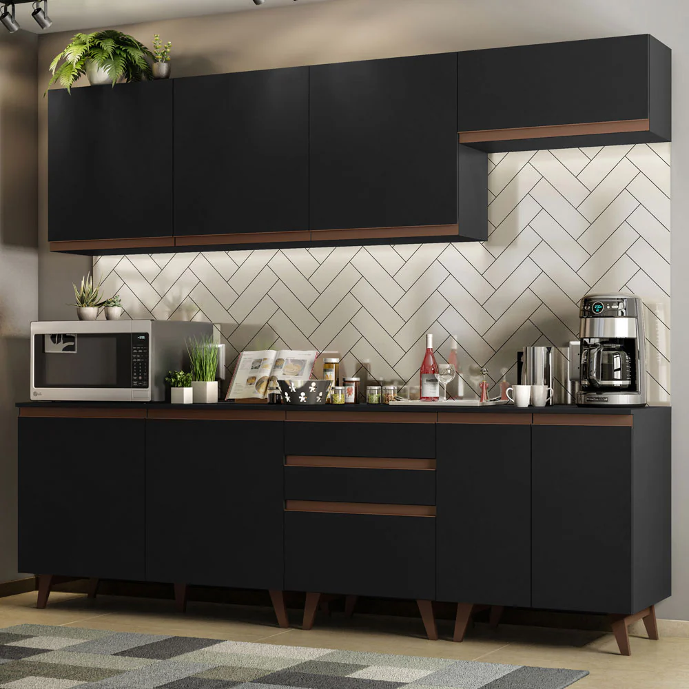Armário de Cozinha Completa 250cm Preto Reims Madesa 01