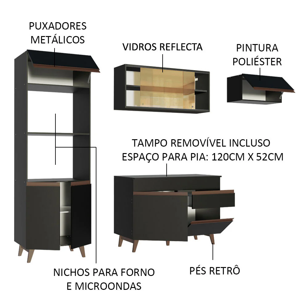 Armário de Cozinha Completa 260cm Preto Reims Madesa 01 - Image 4