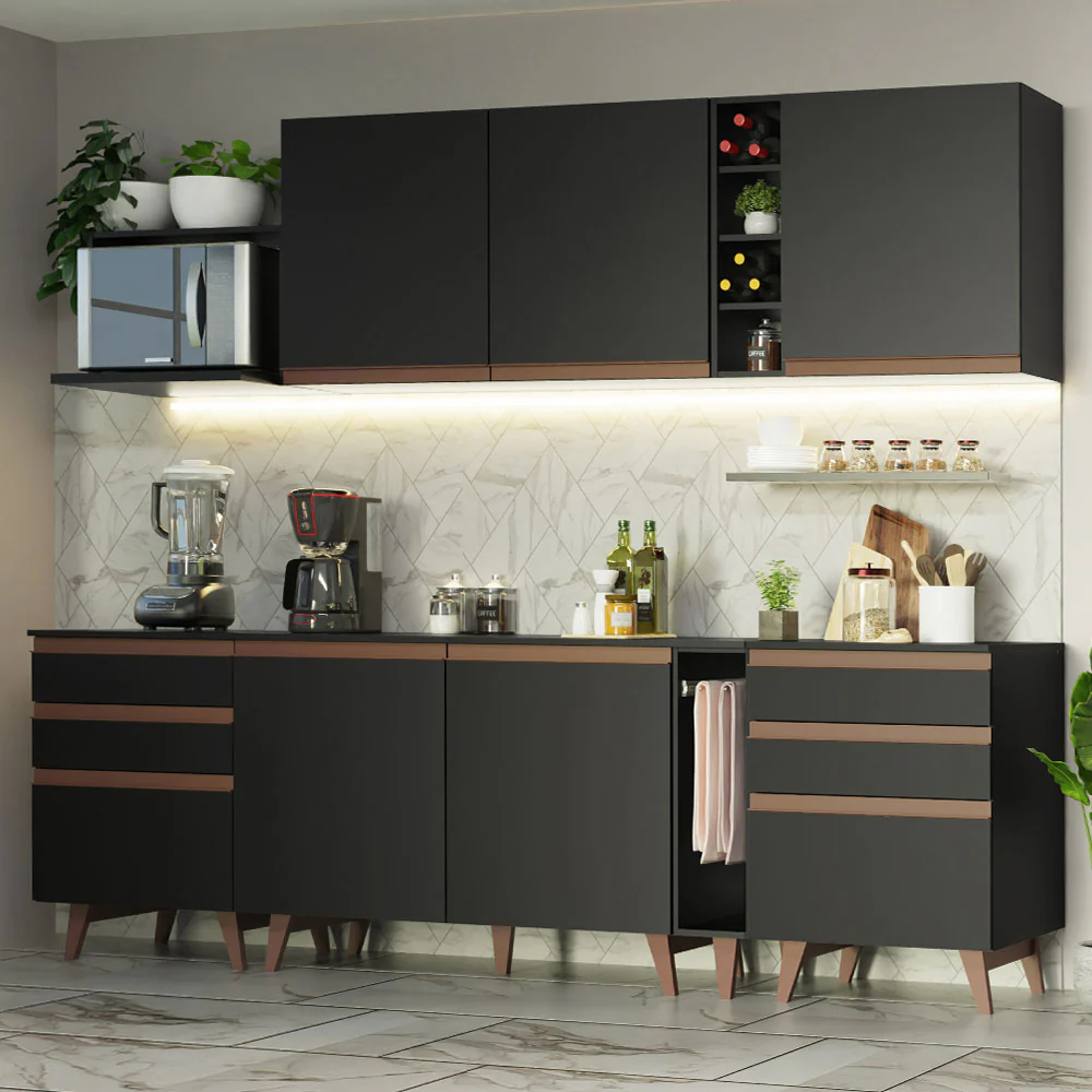 Armário de Cozinha Completa 260cm Preto Reims Madesa 06