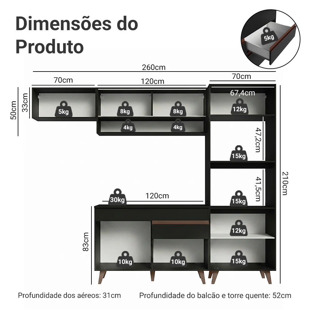 Armário de Cozinha Completa 260cm Preto Reims Madesa 07 - Image 3