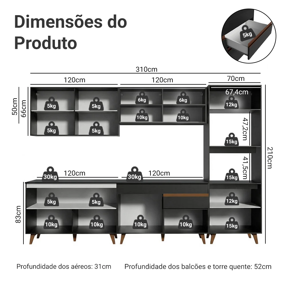 Armário de Cozinha Completa 310cm Preto Reims Madesa 01 - Image 3