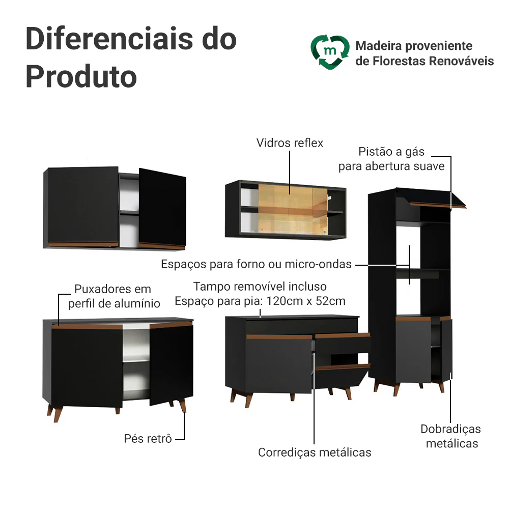 Armário de Cozinha Completa 310cm Preto Reims Madesa 01 - Image 4