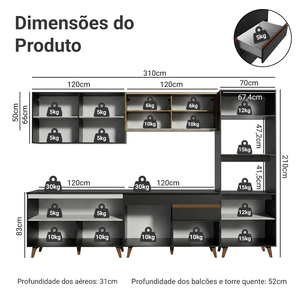 Armário de Cozinha Completa 310cm Preto/Rustic Reims Madesa 01 - Image 3