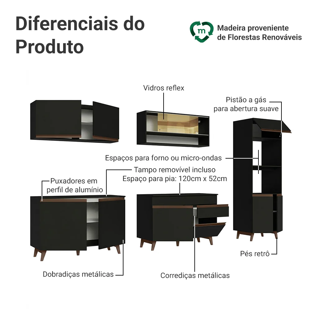 Armário de Cozinha Completa 310cm Preto Reims Madesa 02 - Image 4
