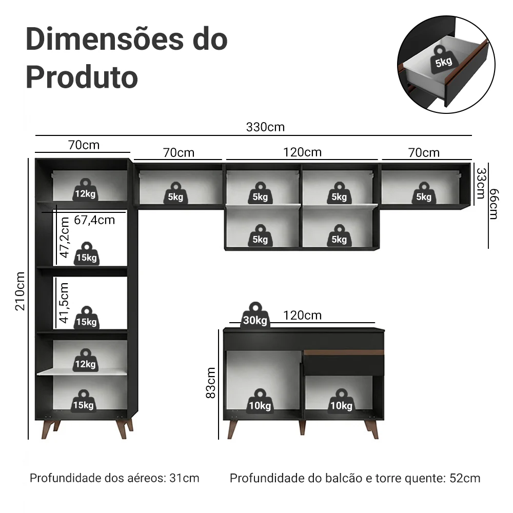 Armário de Cozinha Completa 330cm Preto Reims Madesa 01 - Image 3