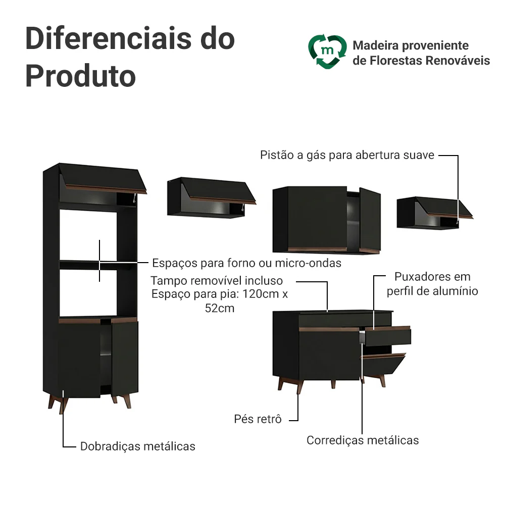 Armário de Cozinha Completa 330cm Preto Reims Madesa 01 - Image 4