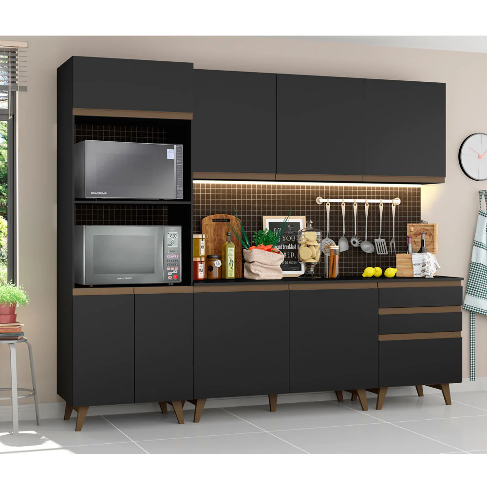Armário de Cozinha Completa 250cm Preto Reims Madesa