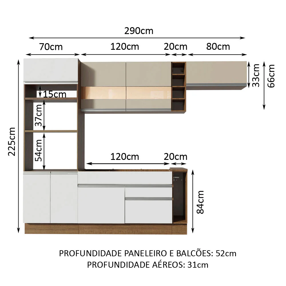 Armário de Cozinha Completa 290cm Branco/Crema Safira Madesa 03 - Image 3