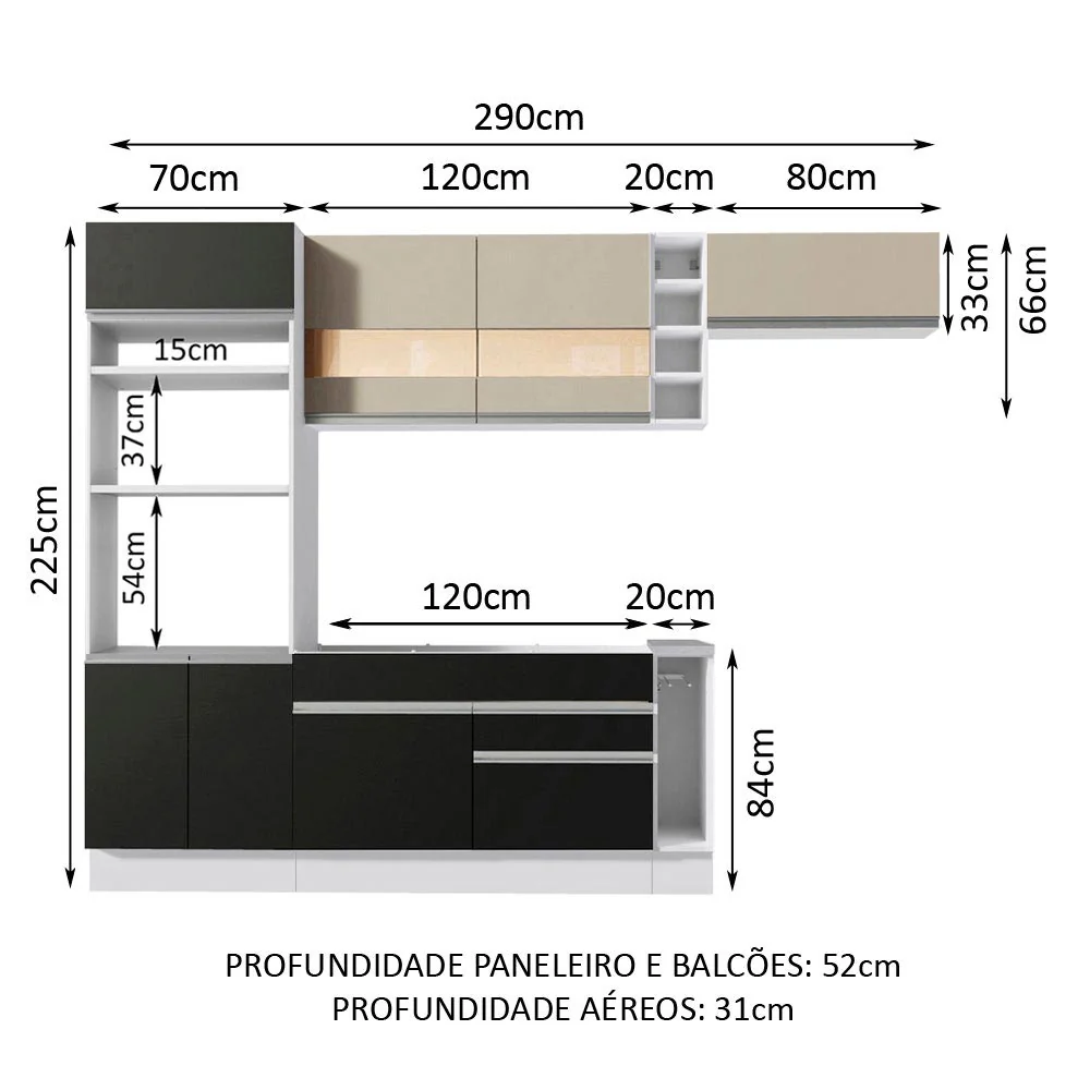 Armário de Cozinha Completa 290cm Branco/Preto/Crema Safira Madesa 03 - Image 3