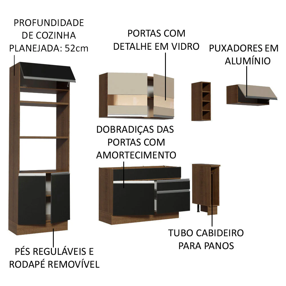 Armário de Cozinha Completa 290cm Rustic/Preto/Crema Safira Madesa 03 - Image 4
