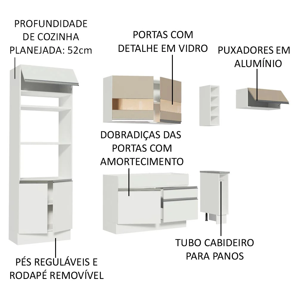 Armário de Cozinha Completa 290cm Branco/Branco/Crema Safira Madesa 13 - Image 3