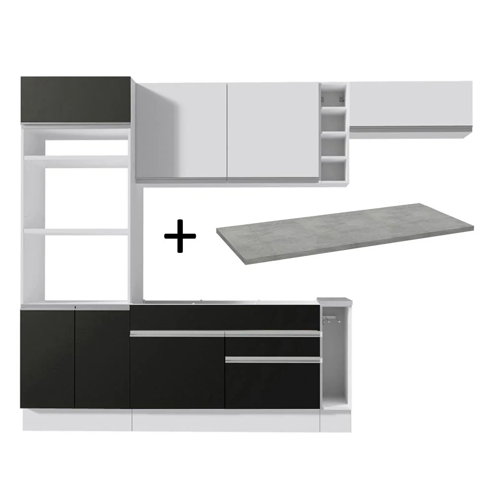 Armário de Cozinha Completa 290cm Branco/Preto/Branco Safira Madesa 14