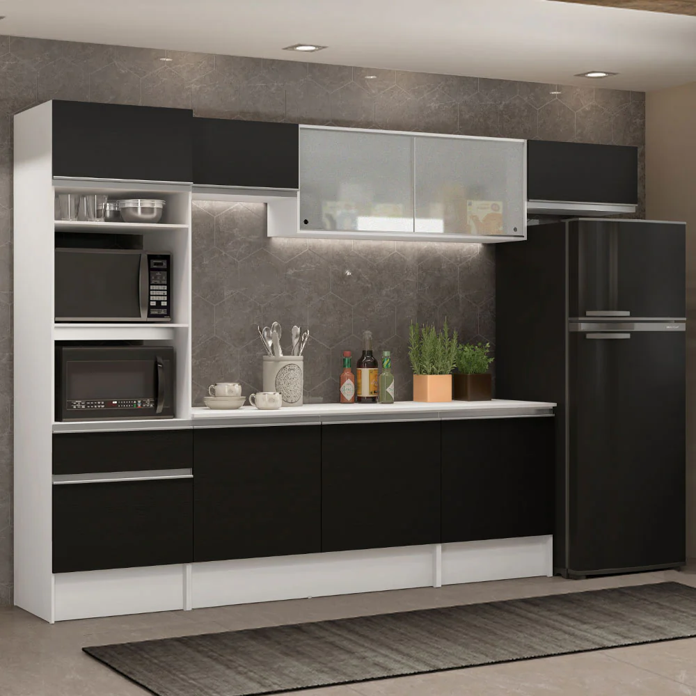 Armário de Cozinha Completa 300cm Branco/Preto Topazio Madesa 01
