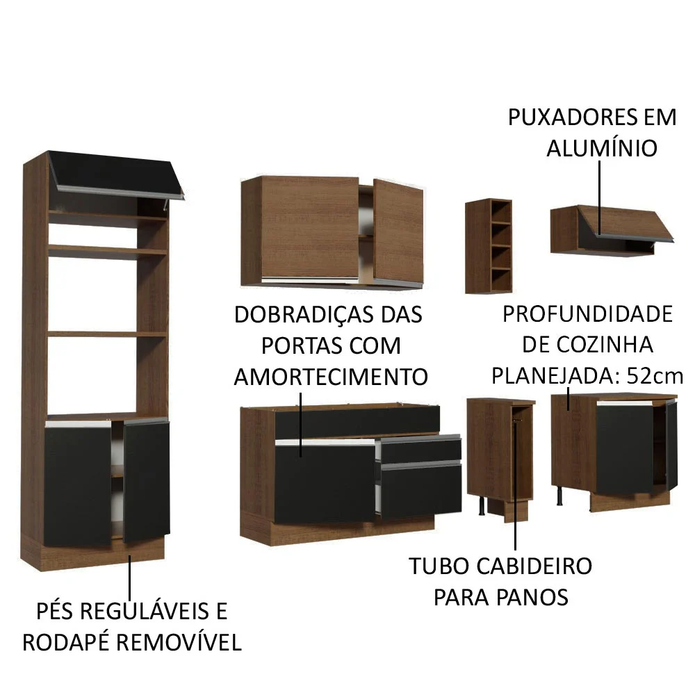 Armário de Cozinha Completa 290cm Rustic/Preto/Rustic Vicenza Madesa 07 - Image 4