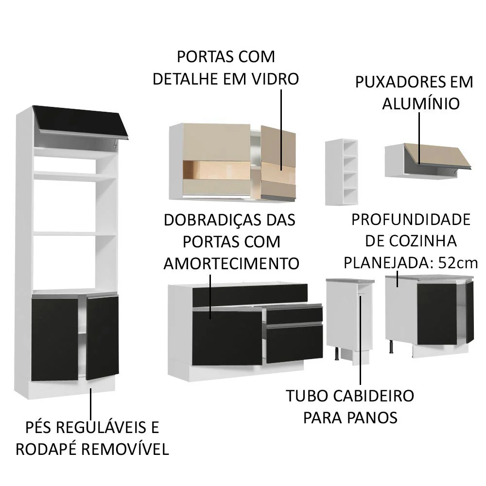 Armário de Cozinha Completa 290cm Branco/Preto/Crema Vicenza Madesa 15 - Image 3