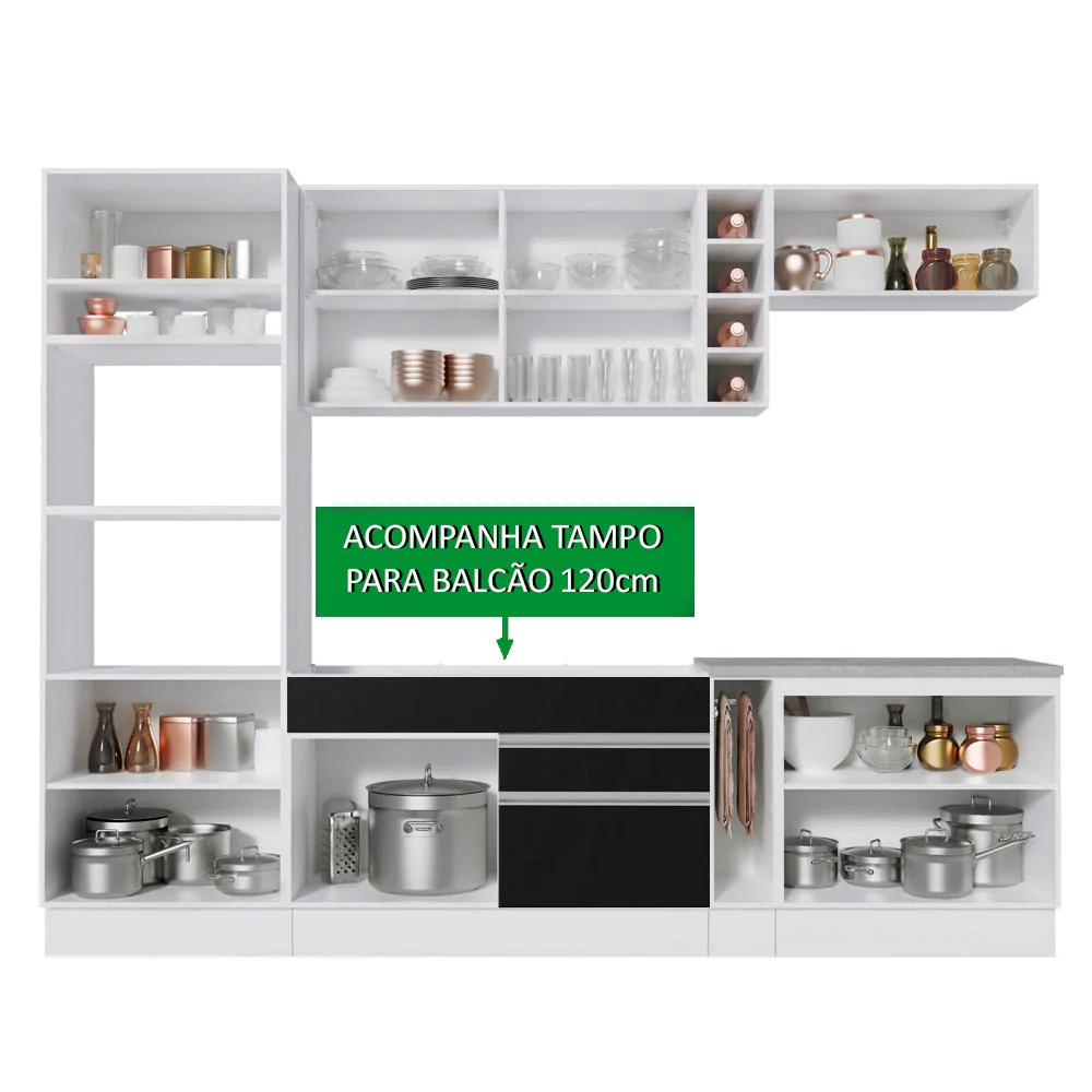 Armário de Cozinha Completa 290cm Branco/Preto/Crema Vicenza Madesa 15 - Image 4