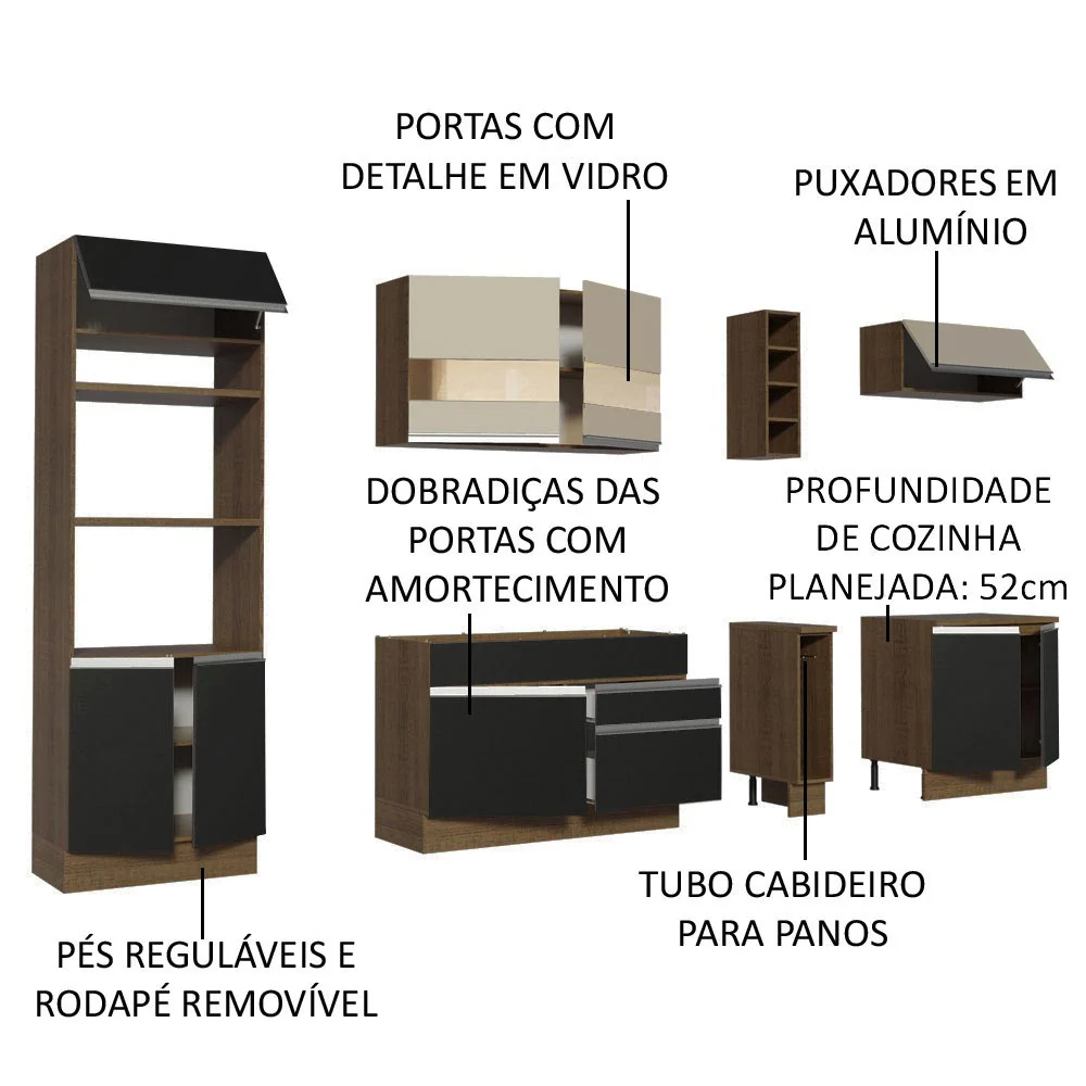 Armário de Cozinha Completa 290cm Rustic/Preto/Crema Vicenza Madesa 15 - Image 3