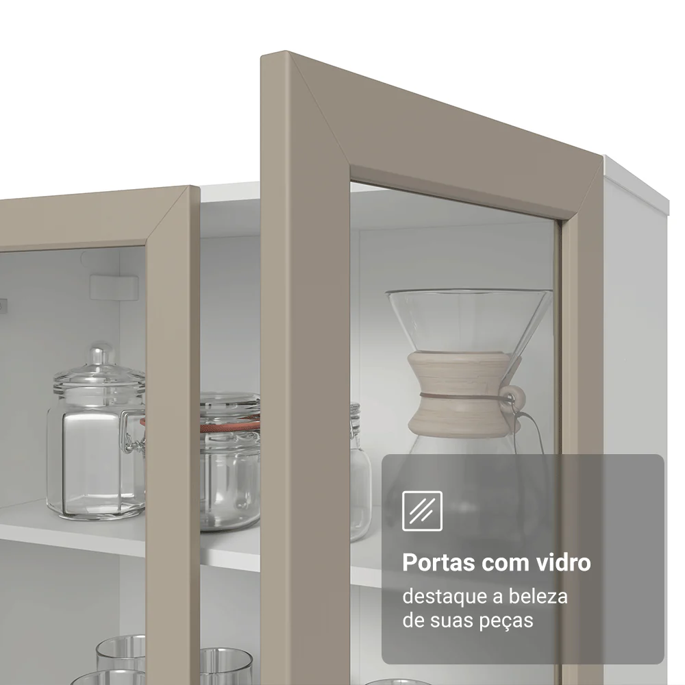 Cristaleira 70 cm 2 Portas de Vidro com Pés Cônicos Branco/Crema/Branco Vik Madesa - Image 8