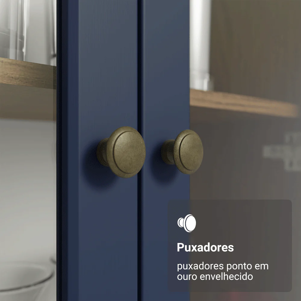 Cristaleira 70 cm 2 Portas de Vidro com Pés Cônicos Rustic/Azul/Rustic Vik Madesa - Image 6