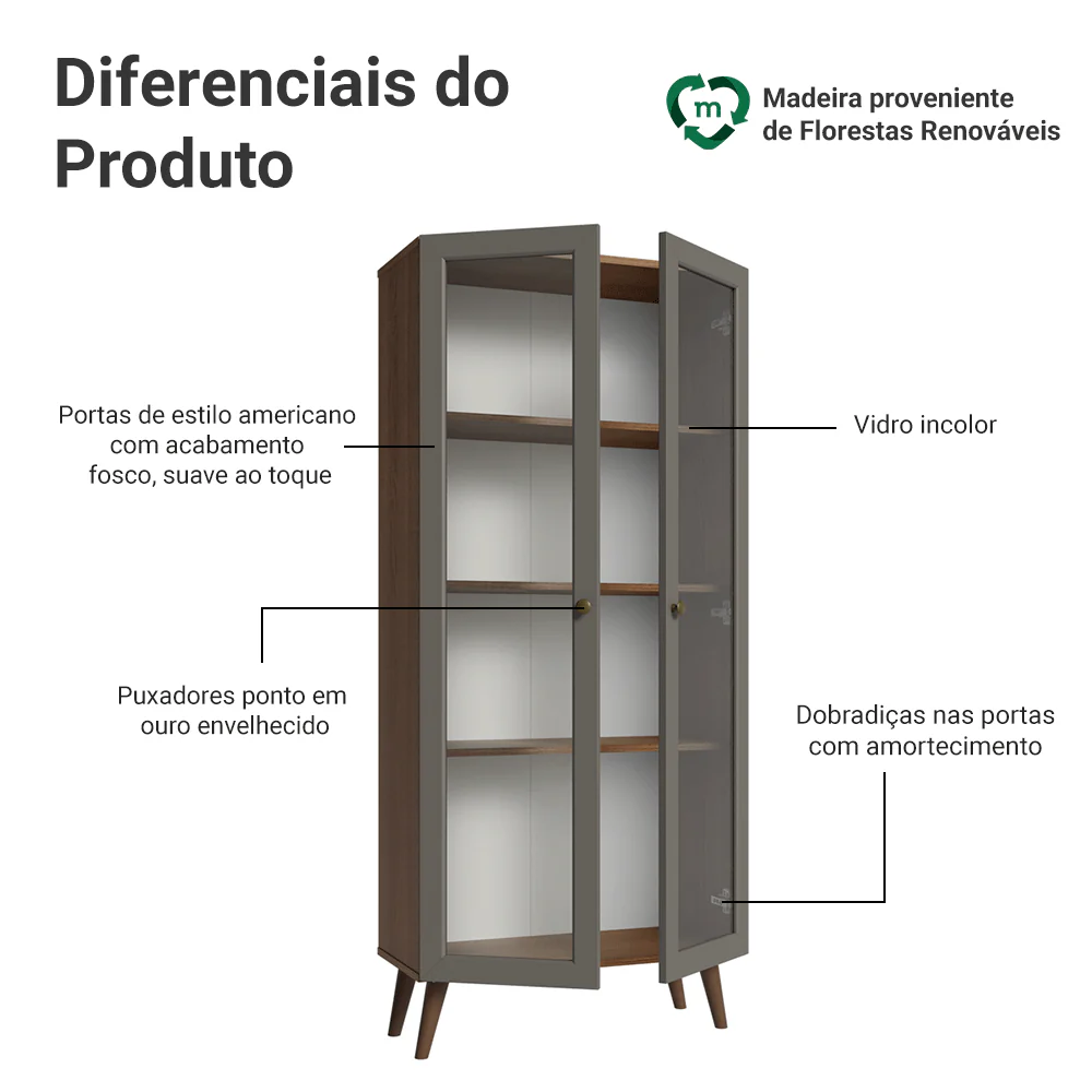 Cristaleira 70 cm 2 Portas de Vidro com Pés Cônicos Rustic/Cinza/Rustic Vik Madesa - Image 4