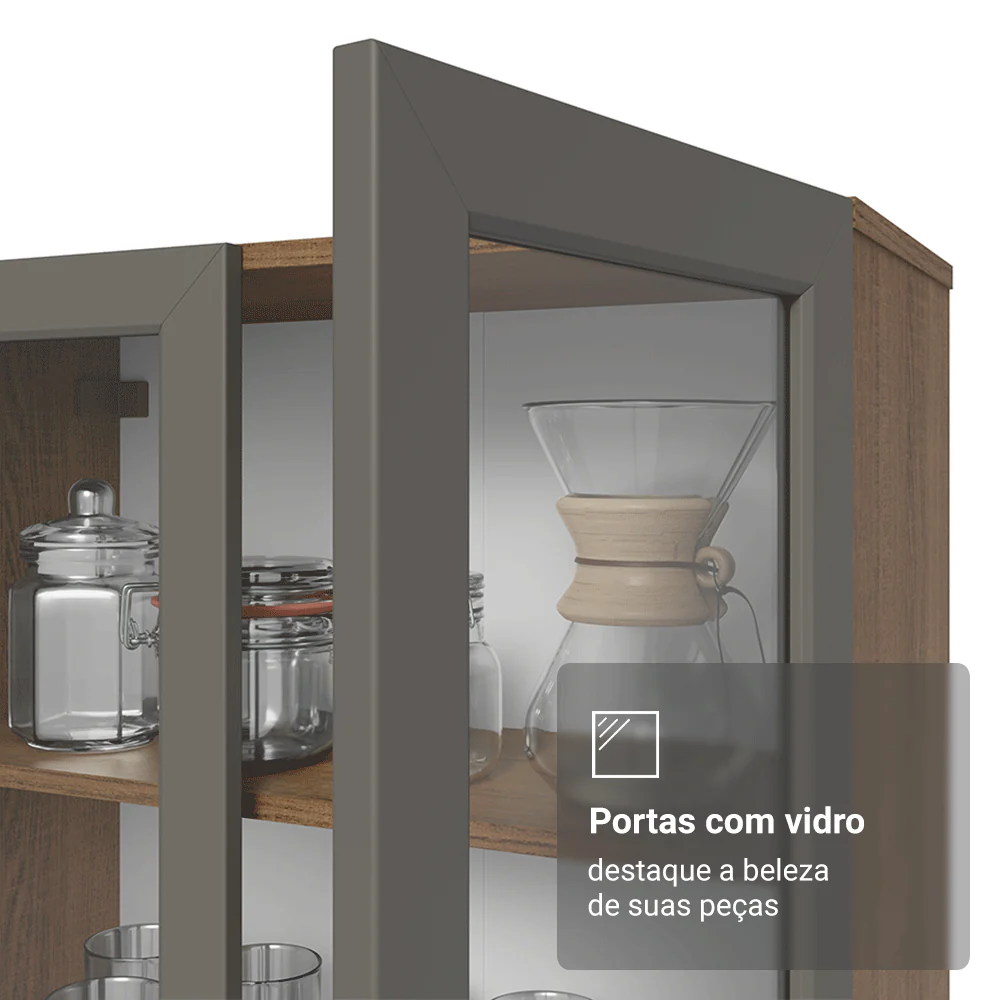 Cristaleira 70 cm 2 Portas de Vidro com Pés Cônicos Rustic/Cinza/Rustic Vik Madesa - Image 7