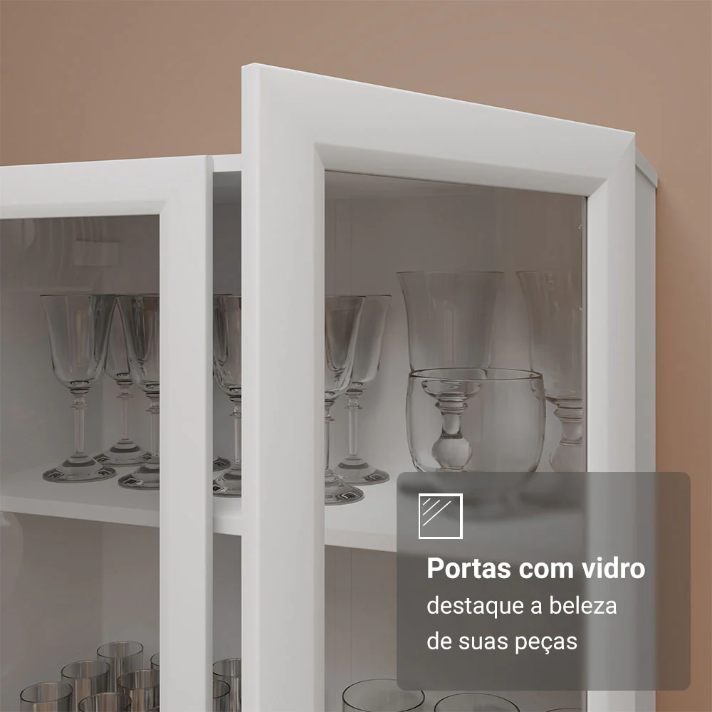 Cristaleira 70 cm 2 Portas de Vidro com Pés Trapézio Branco/Marrom Madesa - Image 7