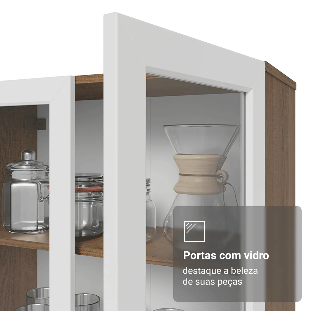 Cristaleira 70 cm 2 Portas de Vidro com Pés Trapézio Rustic/Branco/Rustic Vik Madesa - Image 7