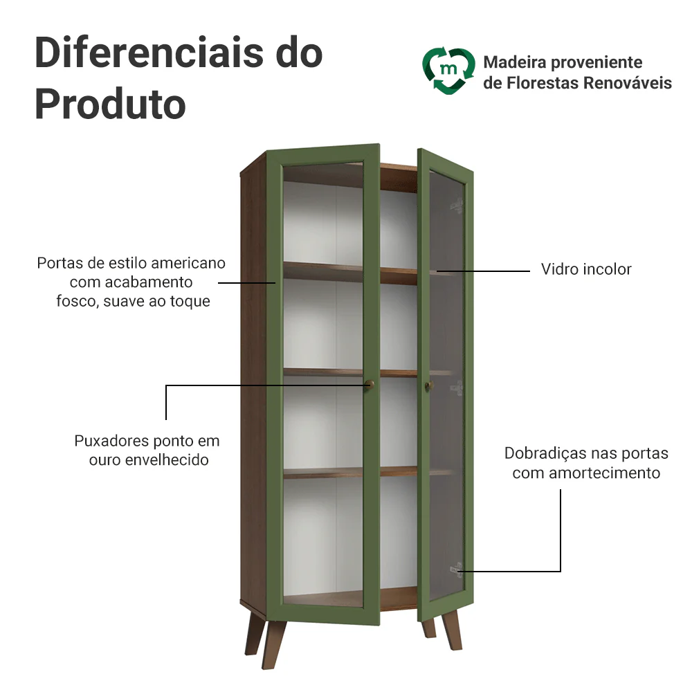 Cristaleira 70 cm 2 Portas de Vidro com Pés Trapézio Rustic/Verde/Rustic Vik Madesa - Image 4