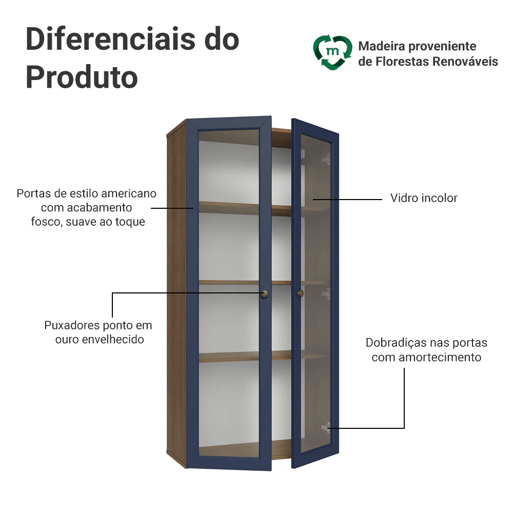 Cristaleira Suspensa 70 cm 2 Portas de Vidro Rustic/Azul Vik Madesa - Image 4