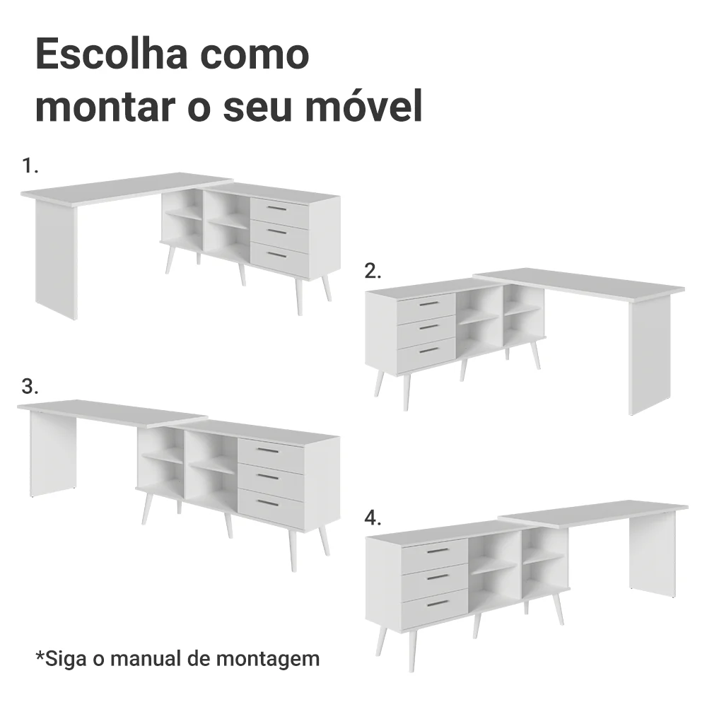 Escrivaninha Em L Mesa Para Computador Gamer 3 Gavetas Branco Lisboa Madesa - Image 8