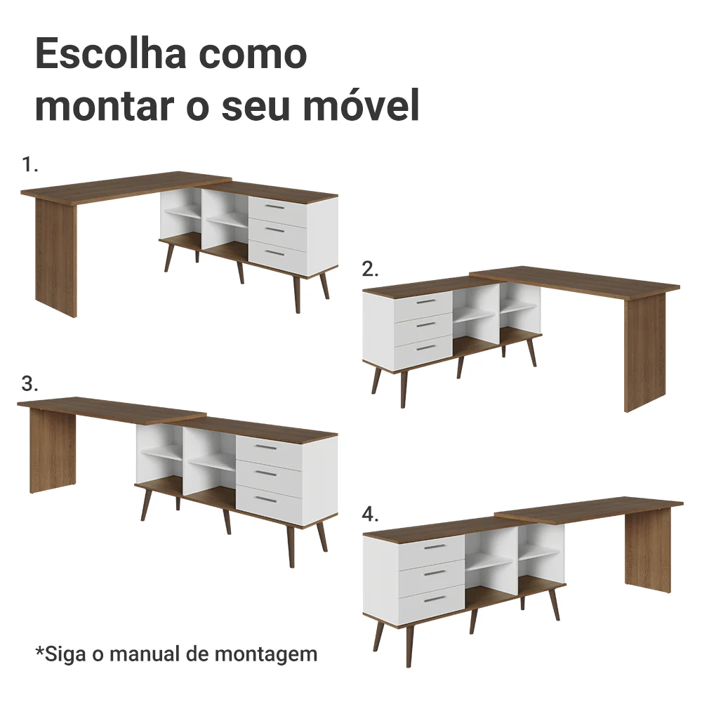 Escrivaninha Mesa de Escritório de Canto 3 Gavetas Branco/Rustic Lisboa Madesa - Image 6