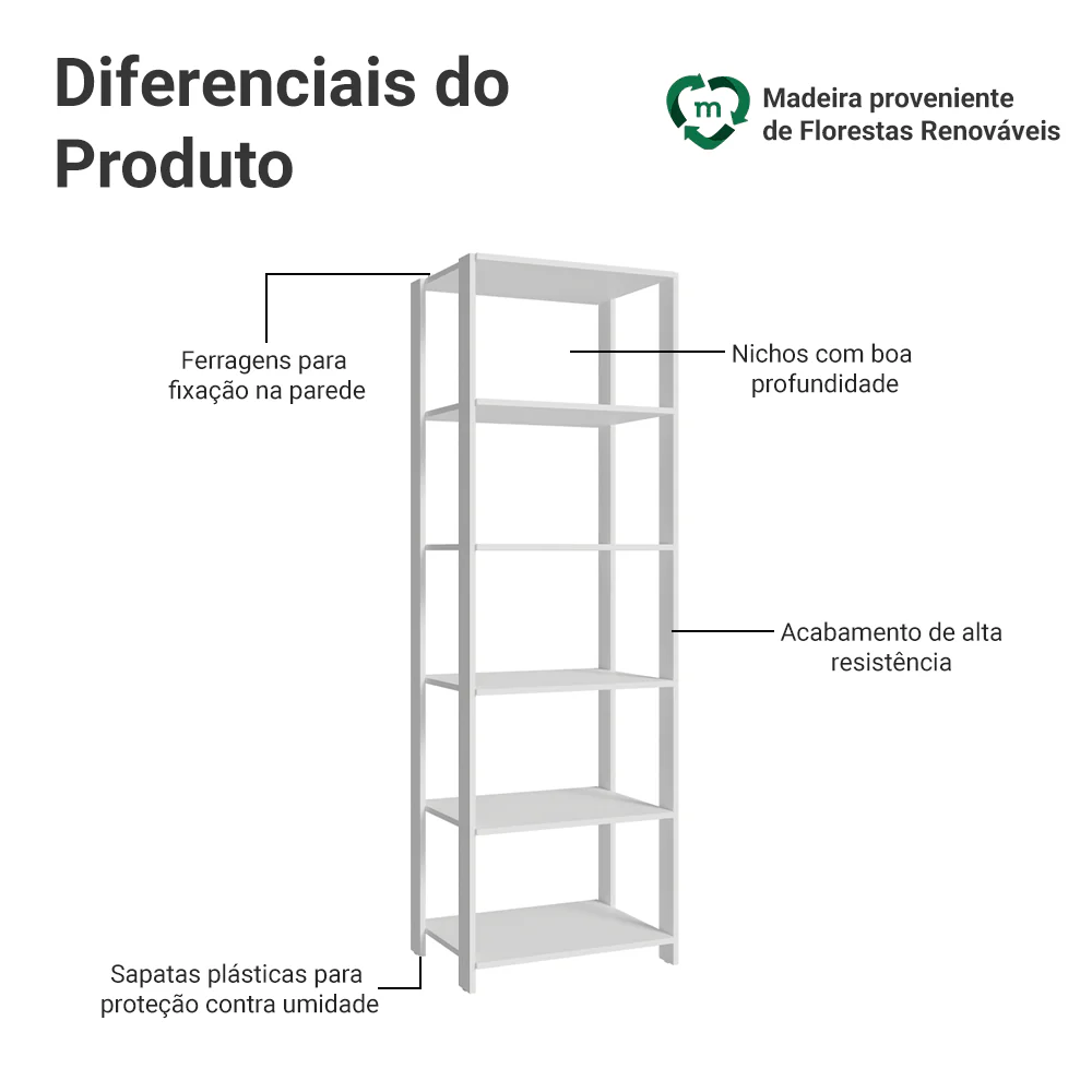 Estante Armário Multiuso para Escritório 59cm 5 Prateleiras Branco Madesa - Image 4