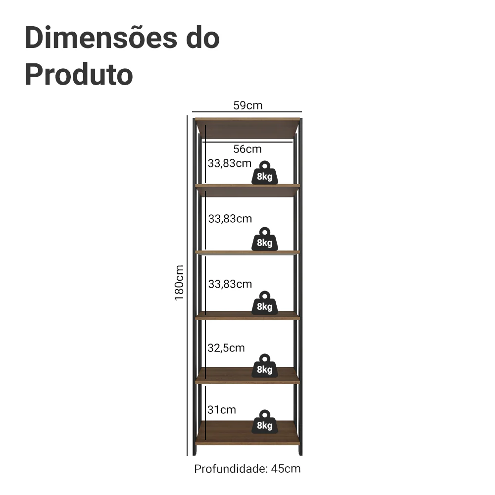 Estante Armário Multiuso para Escritório 59cm 5 Prateleiras Rustic/Preto Madesa - Image 3