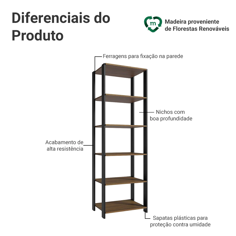 Estante Armário Multiuso para Escritório 59cm 5 Prateleiras Rustic/Preto Madesa - Image 4