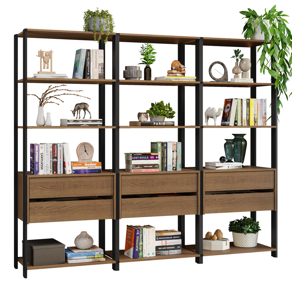 Estante Armário Multiuso para Livros 6 Gavetas 12 prateleiras 210cm Rustic/Preto Madesa - Image 2