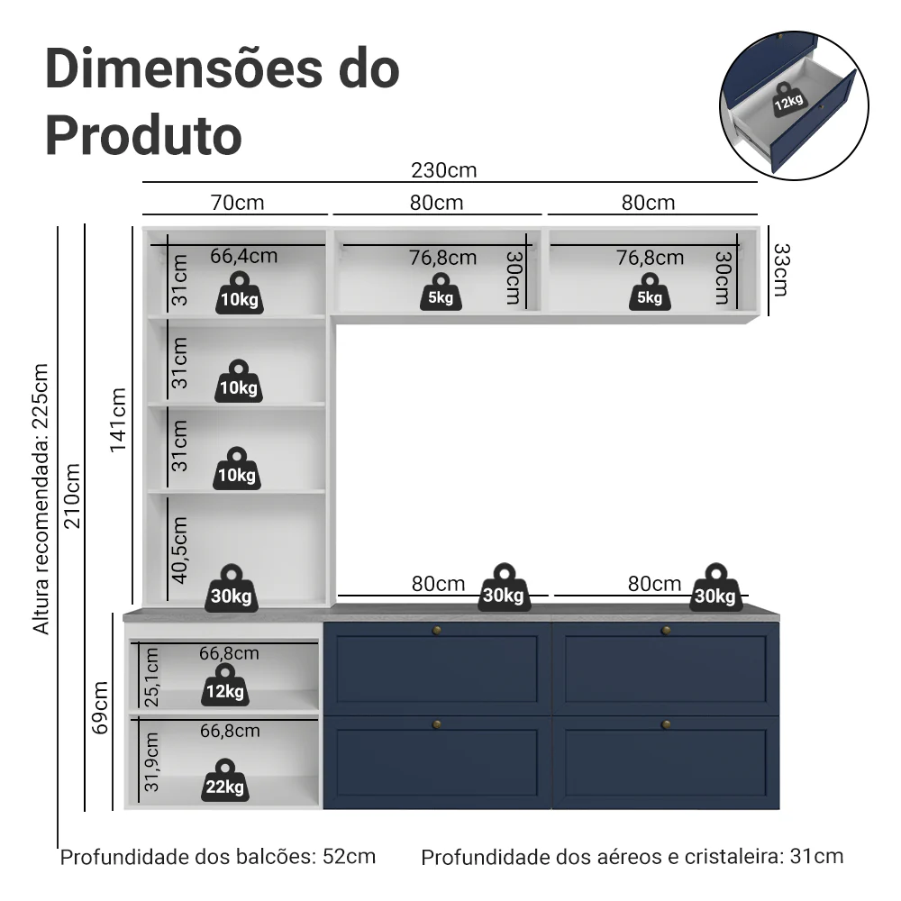 Estante Sala de Estar com Rack + Cristaleira 230cm Branco/Azul Vik Madesa 01 - Image 3