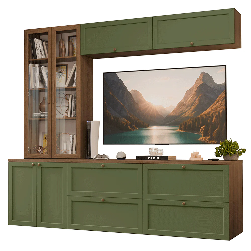 Estante Sala de Estar com Rack + Cristaleira 230cm Rustic/Verde/Rustic Vik Madesa 02 - Image 2