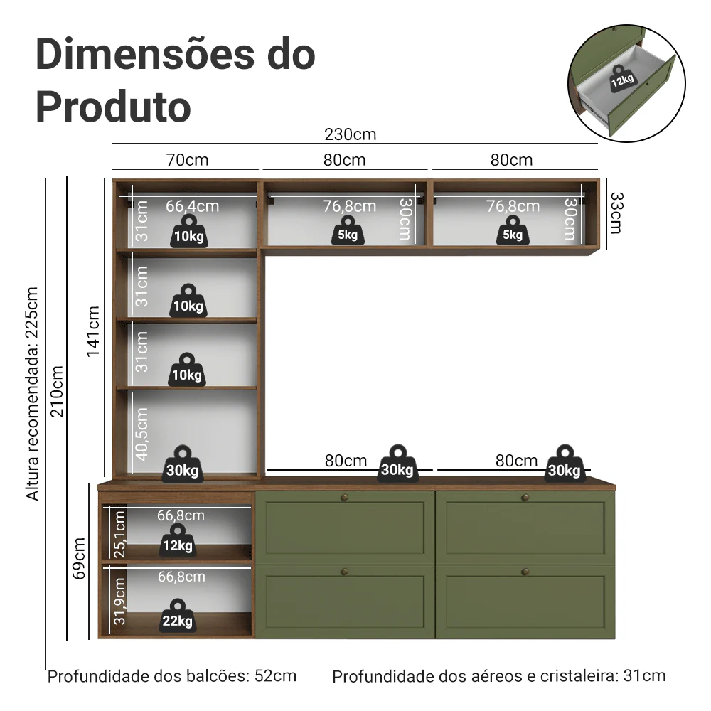 Estante Sala de Estar com Rack + Cristaleira 230cm Rustic/Verde Vik Madesa 01 - Image 3
