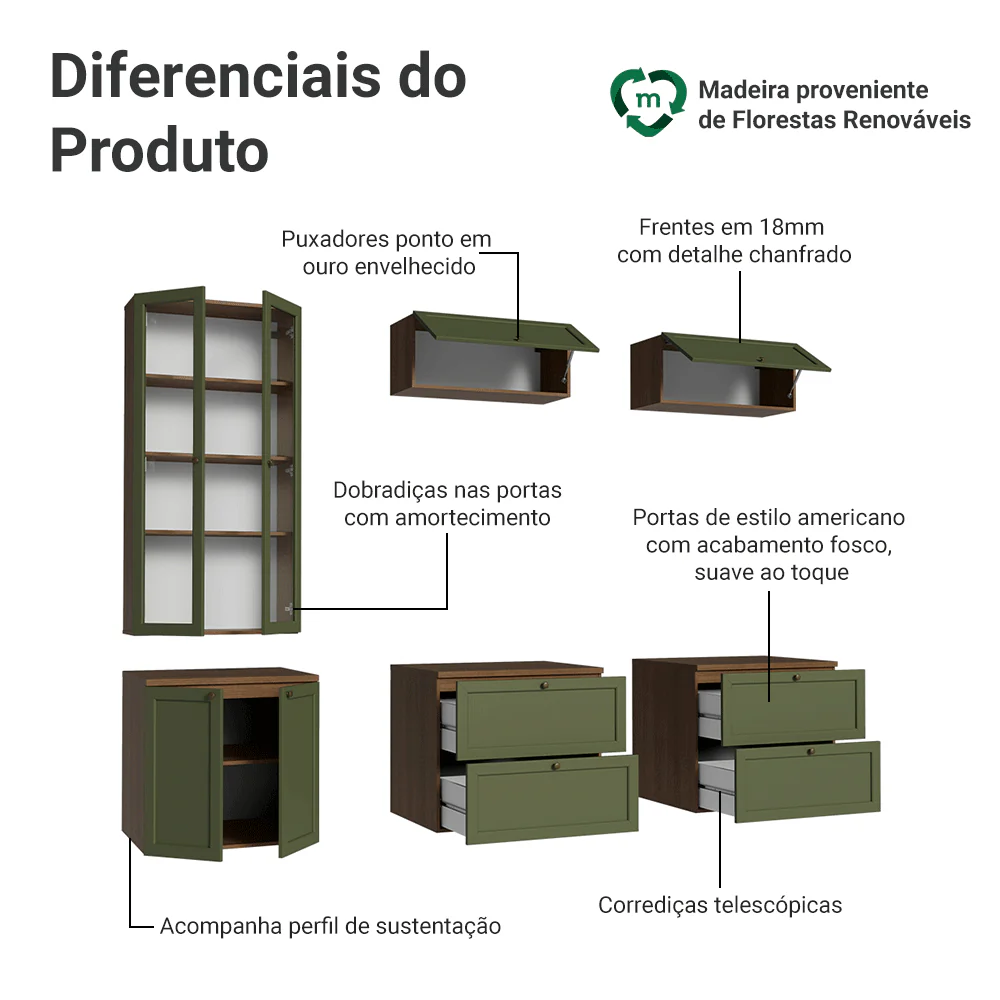 Estante Sala de Estar com Rack + Cristaleira 230cm Rustic/Verde Vik Madesa 01 - Image 4
