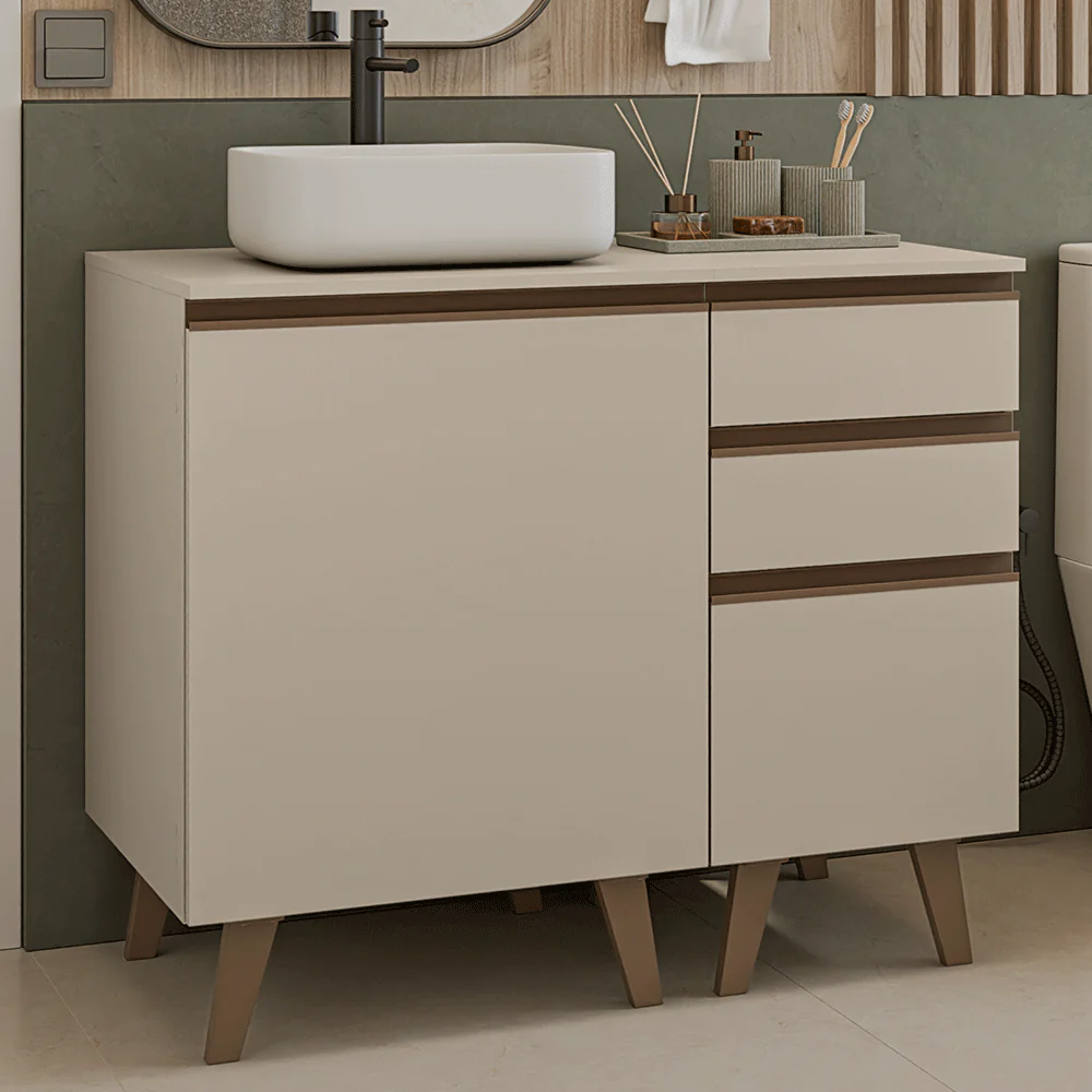Gabinete para Banheiro 100cm 1 Porta 3 Gavetas Crema Nice Madesa 04