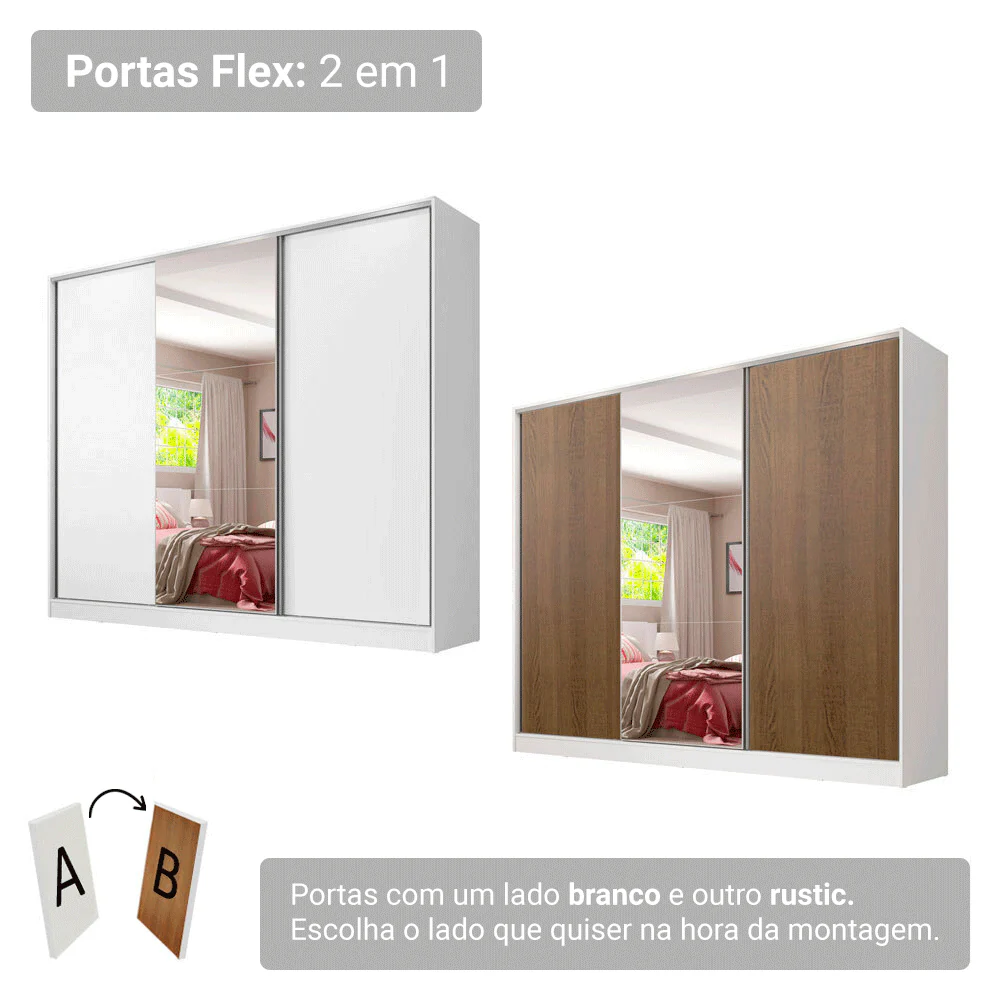 Guarda-Roupa Casal 100% MDF Madesa Royale 3 Portas de Correr com Espelho Branco - Image 9
