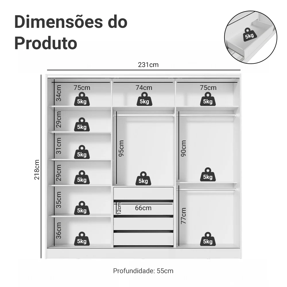 Guarda-Roupa Casal 100% MDF 3 Portas de Correr de Espelho Branco Royale Madesa - Image 3