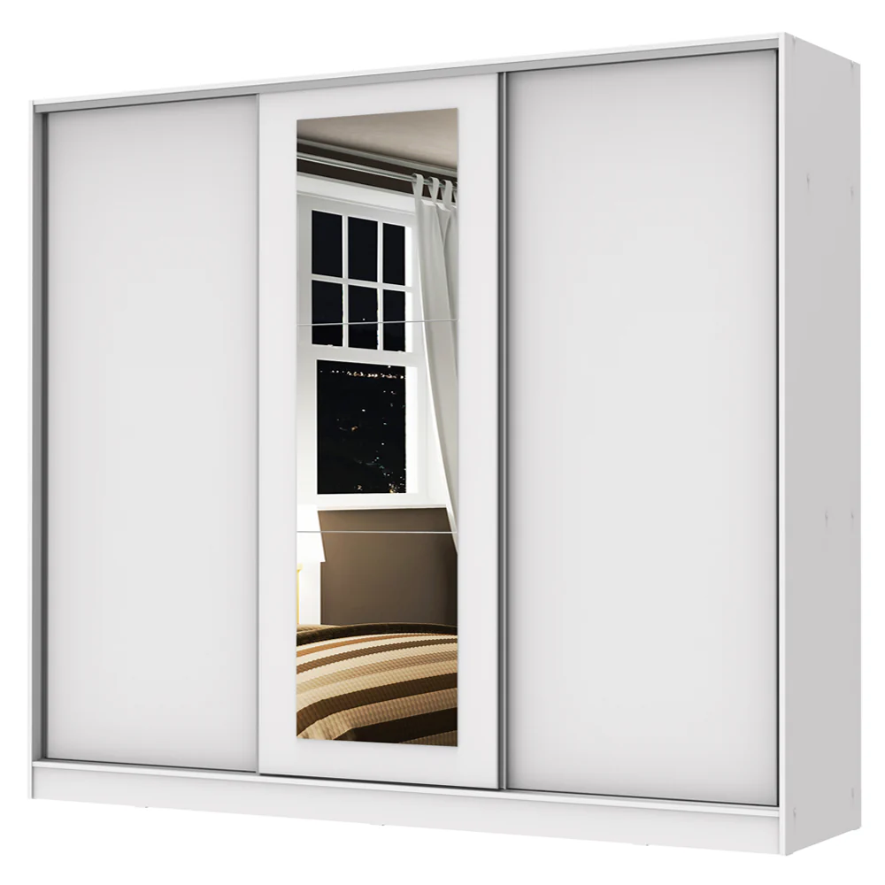 Guarda-Roupa Casal 100% MDF Madesa Eros 3 Portas de Correr com Espelho Branco - Image 2
