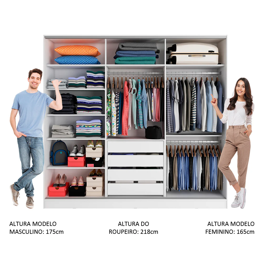 Guarda-Roupa Casal 100% MDF Madesa Eros 3 Portas de Correr com Espelho Branco - Image 4