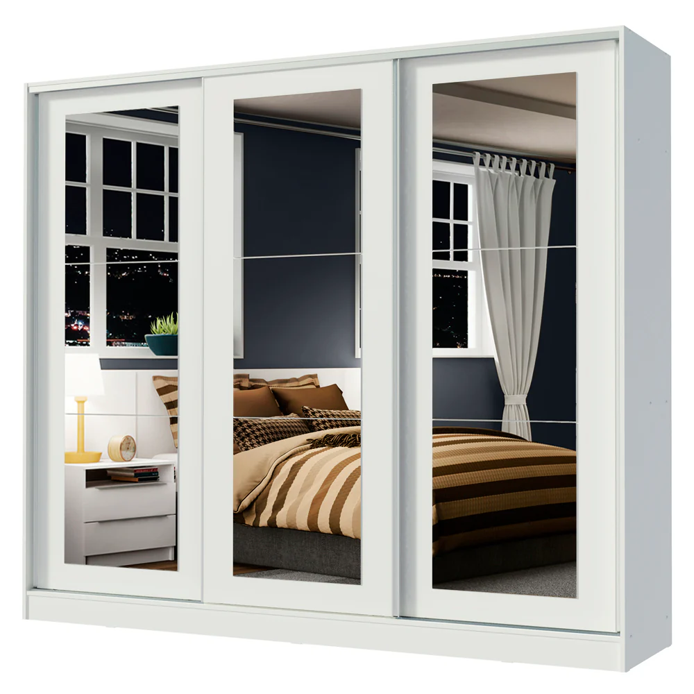 Guarda-Roupa Casal 100% MDF Madesa Eros 3 Portas de Correr de Espelho Branco - Image 2