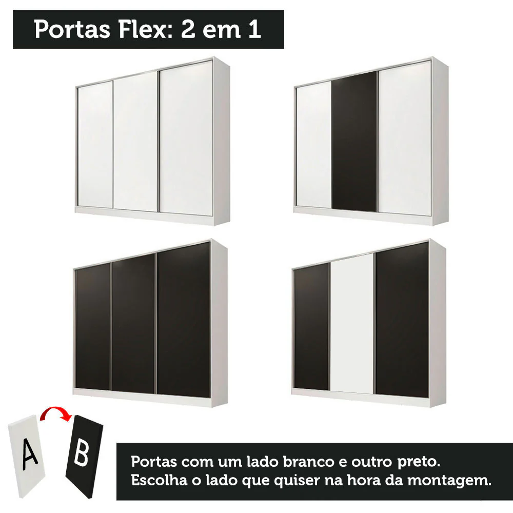 Guarda-Roupa Casal 100% MDF Madesa Royale 3 Portas de Correr Branco/Branco/Preto - Image 10