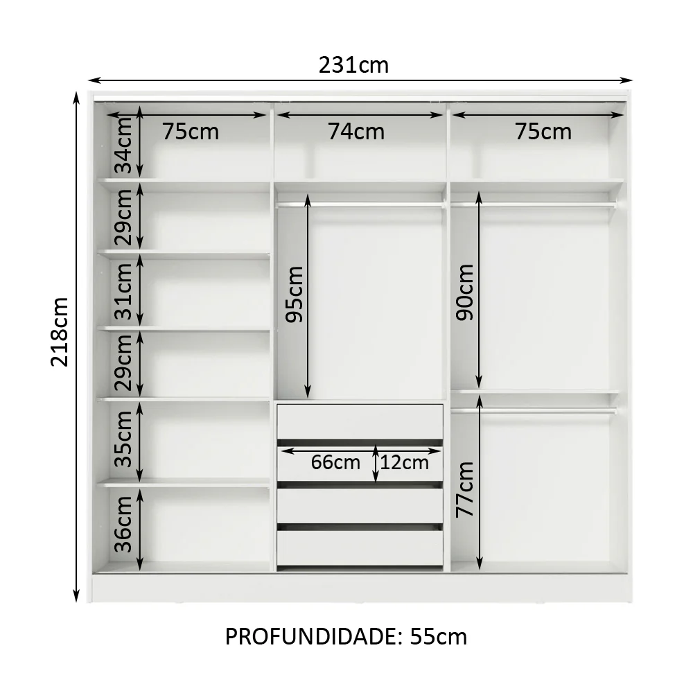Guarda-Roupa Casal 100% MDF Madesa Royale 3 Portas de Correr Branco/Branco/Preto - Image 11